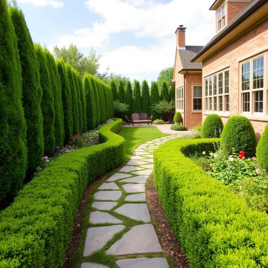 Stone pathway between manicured hedges and flower beds