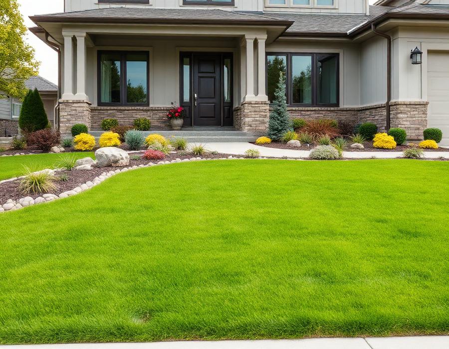 Front yard with green lawn, decorative rocks and ornamental grasses