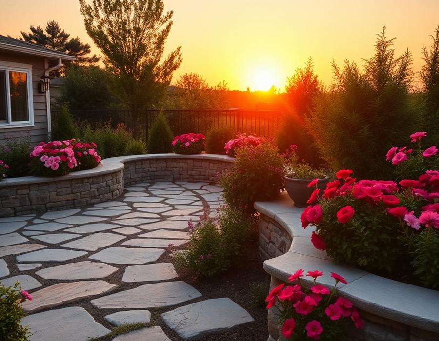 Stone patio with pink and red flower borders at sunset