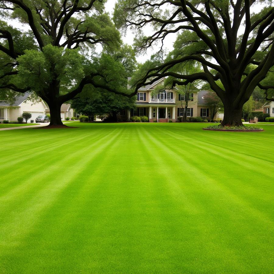 Wide green lawn with crisp mowing stripes under oak trees
