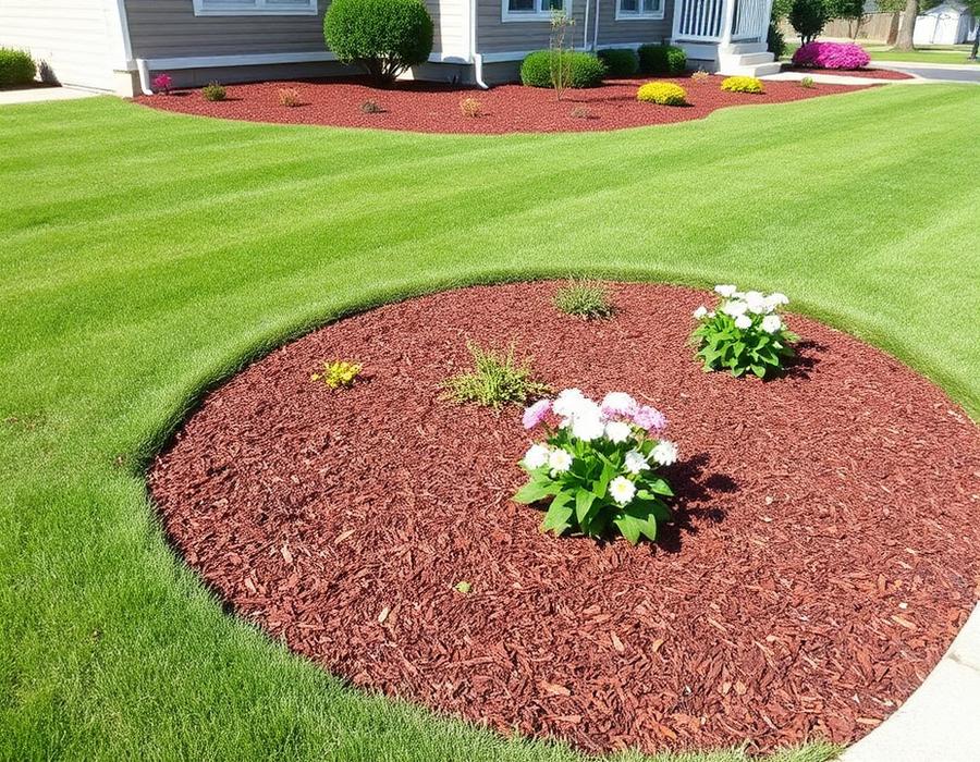 Newly mulched flower bed in a freshly mowed lawn