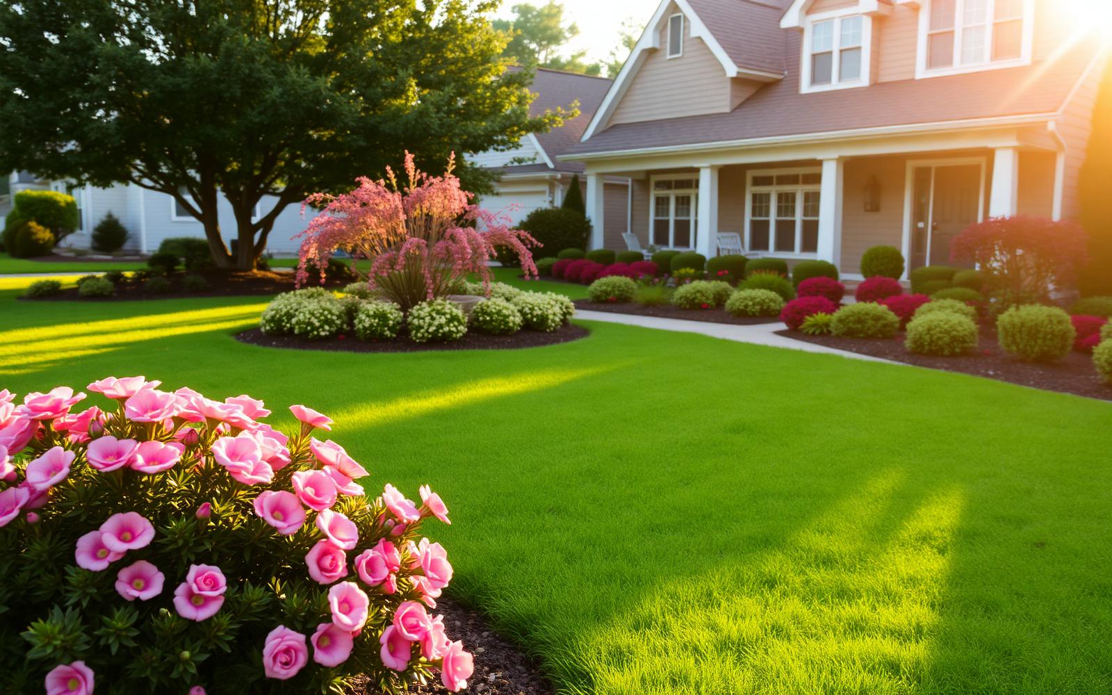Lush front yard with manicured lawn and pink flower beds — landscaping by ABC Landscaping